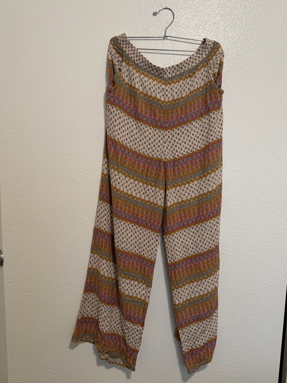 American Eagle Outfitters Cream Paisley Wide-Leg Pants with Blue & Brown Accents